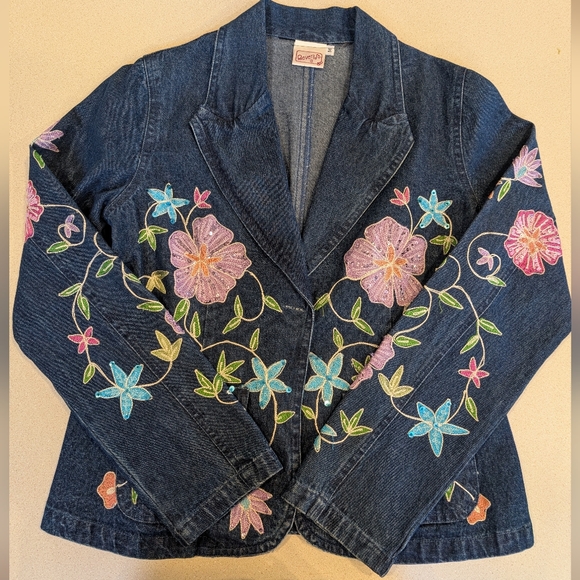 None Jackets & Blazers - Vintage Embroidered Floral Dark Blue Jean Jacket